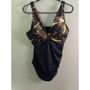 Swimsuit For All 1PC Swim Dress Plus 16 Black Gold Leaf Twisted Bathing Suit NWT